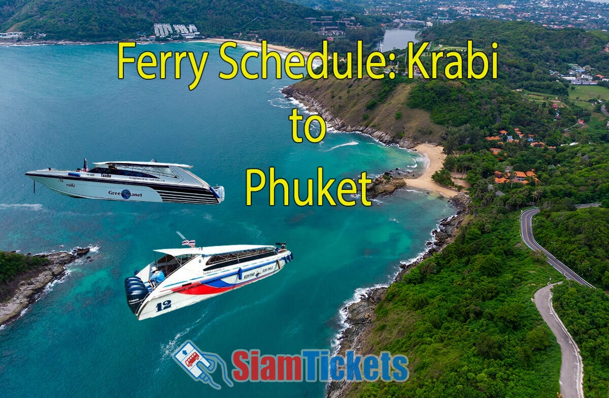 Aerial view of Phuket coastline with two speedboats and 'Ferry Schedule: Krabi to Phuket' text overlay