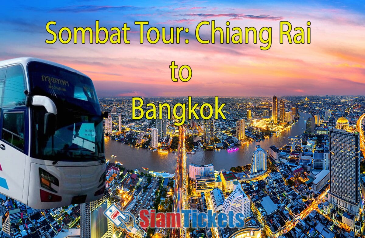 Sombat Tour bus from Chiang Rai to Bangkok with a sunset view over the Chao Phraya River.