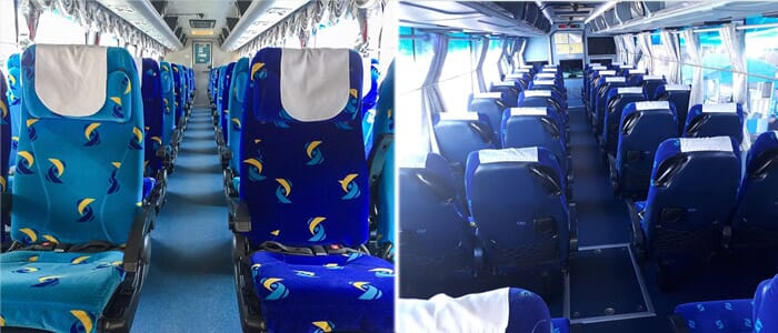 Express bus interior showing standard 2+2 seating configuration