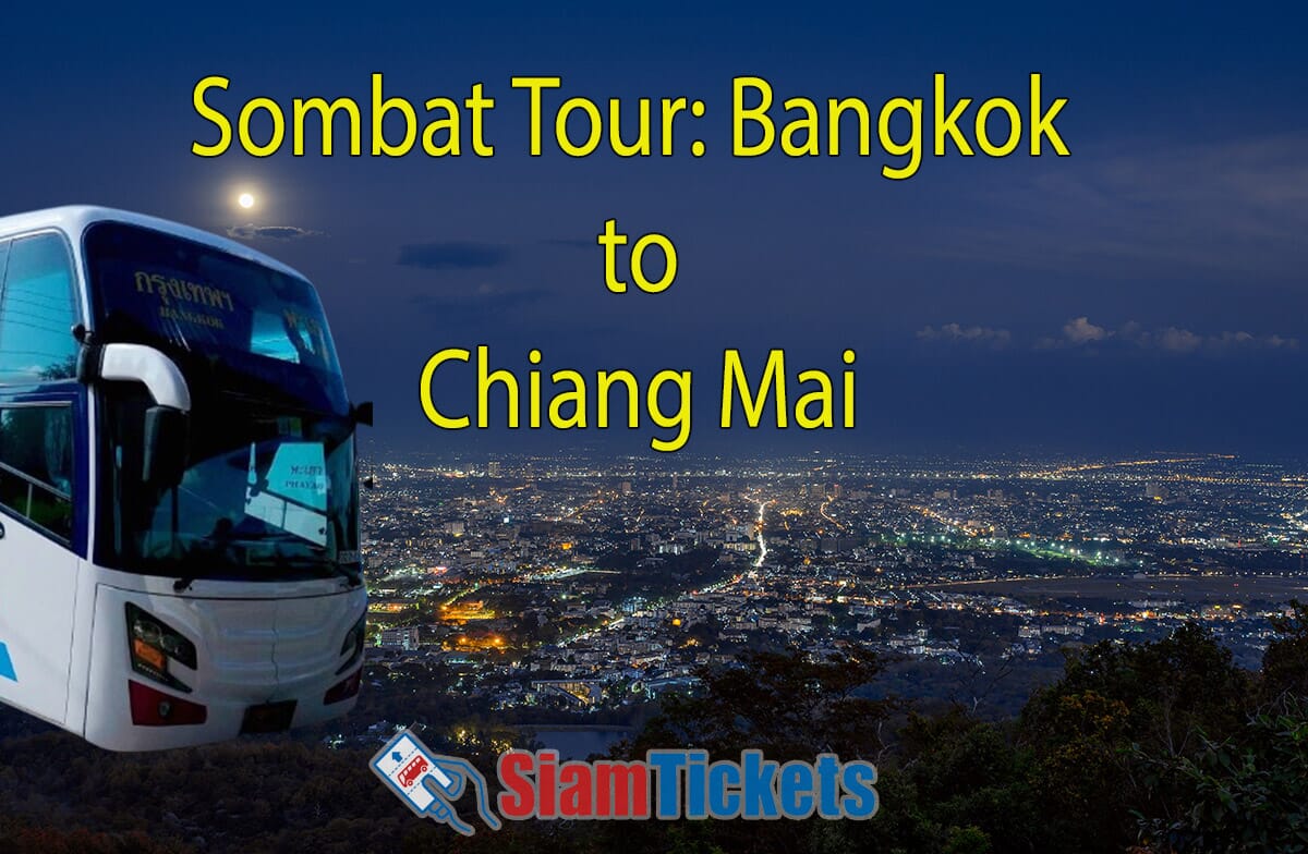 Sombat Tour bus from Bangkok to Chiang Mai with a night view of Chiang Mai city under a full moon.