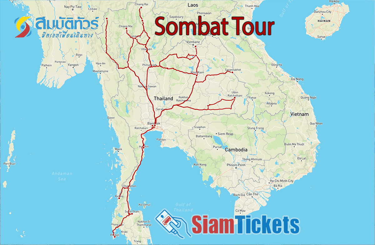 Map of Sombat Tour's bus route network with Sombat Tour’s Thai logo and SiamTickets branding.