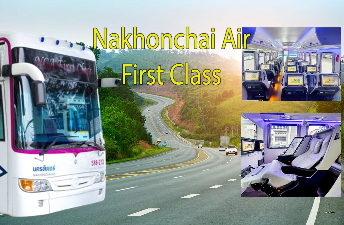 Nakhonchai Air First Class bus exterior and interior views with scenic Thai highway background