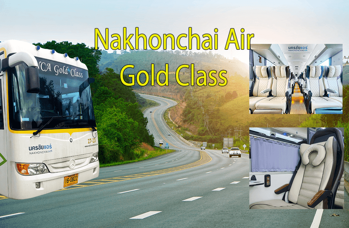 Nakhonchai Air Gold Class bus exterior and interior views with scenic Thai highway background