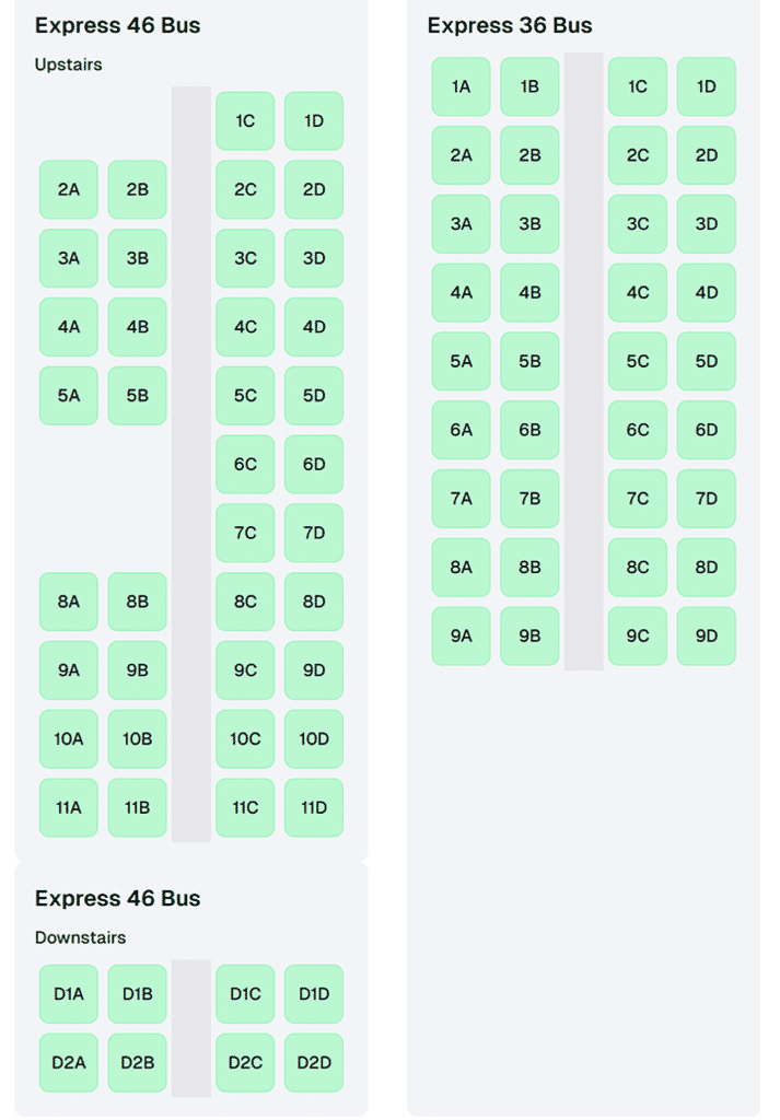 Transport CO Express bus seating layouts showing 46-seat double-decker and 36-seat single-floor configurations with labeled seats arranged in a 2x2 pattern