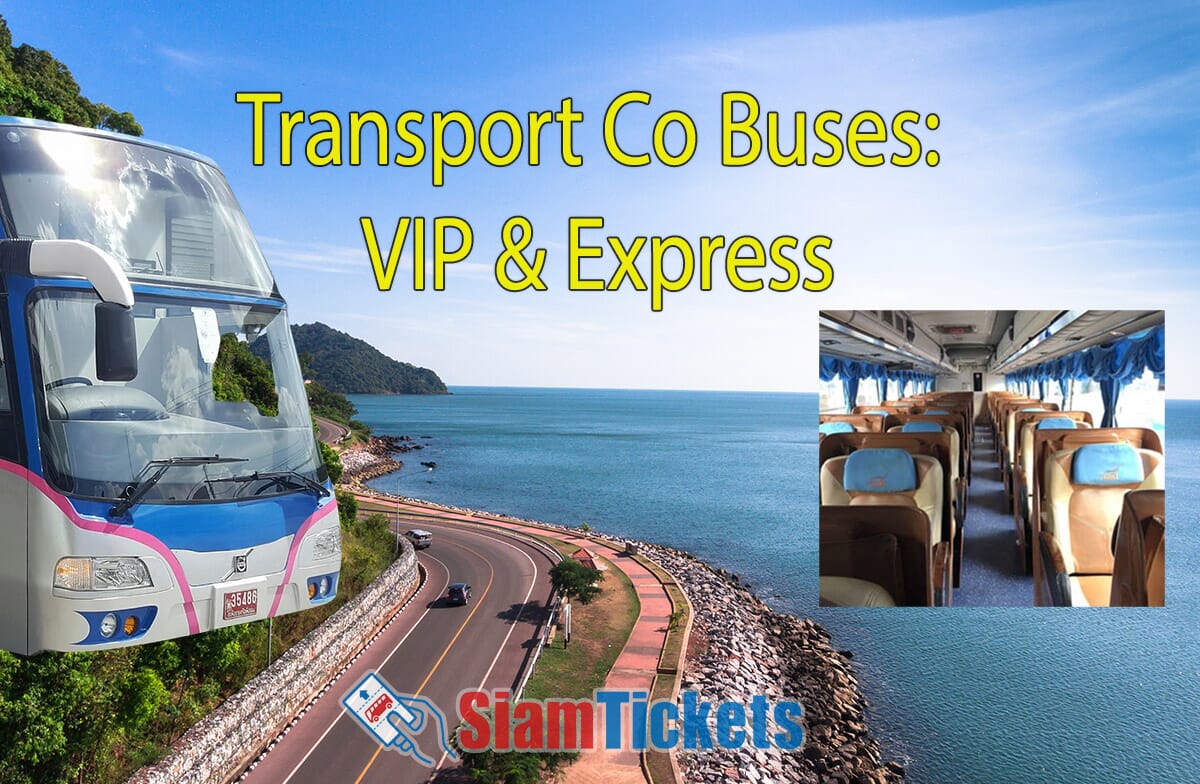 Transport Co Buses: VIP & Express - Modern coach on coastal road with interior seating view inset and SiamTickets logo