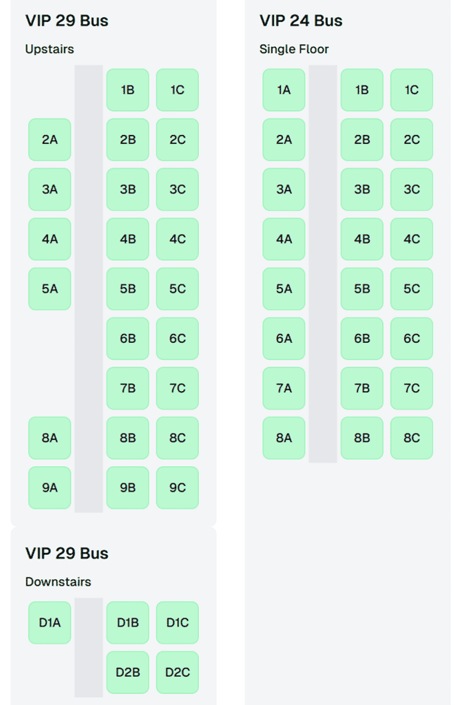 Transport CO VIP bus seating layouts showing 29-seat double-decker and 24-seat single-floor configurations with labeled seats in a 1-2 arrangement