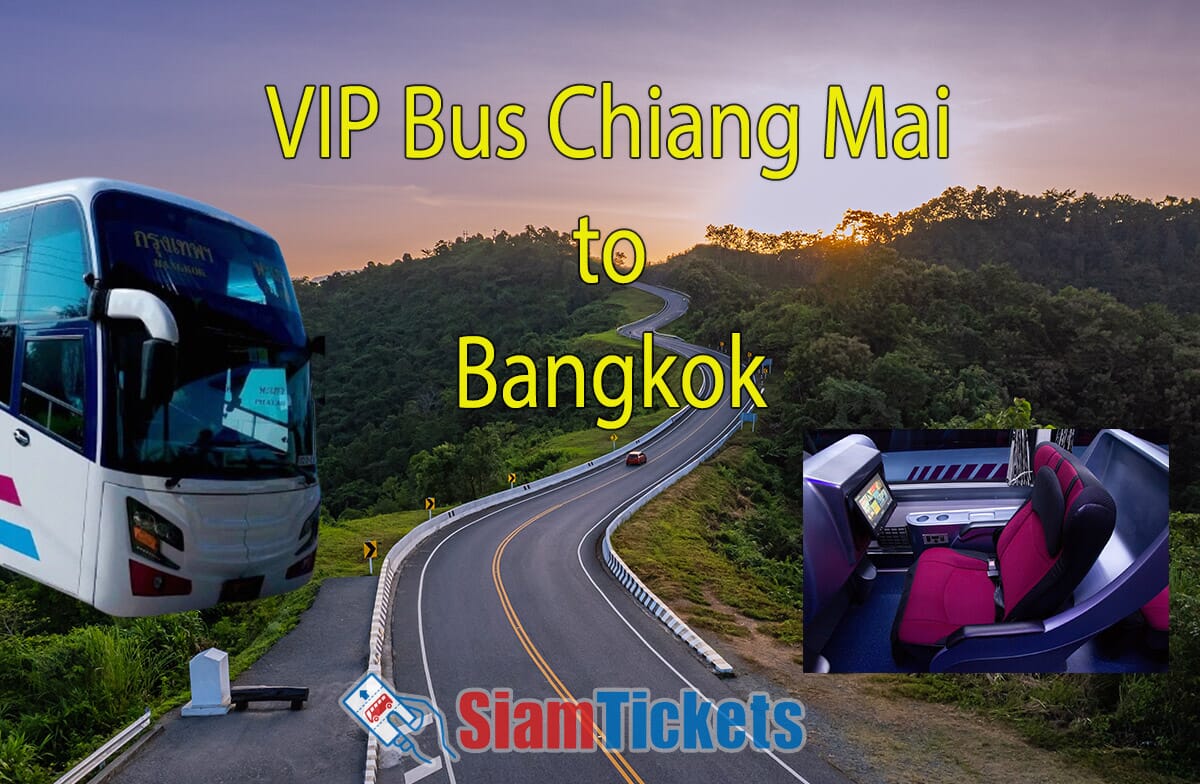 VIP Bus route from Chiang Mai to Bangkok with luxury bus and first-class seat inset against scenic mountain road at sunset