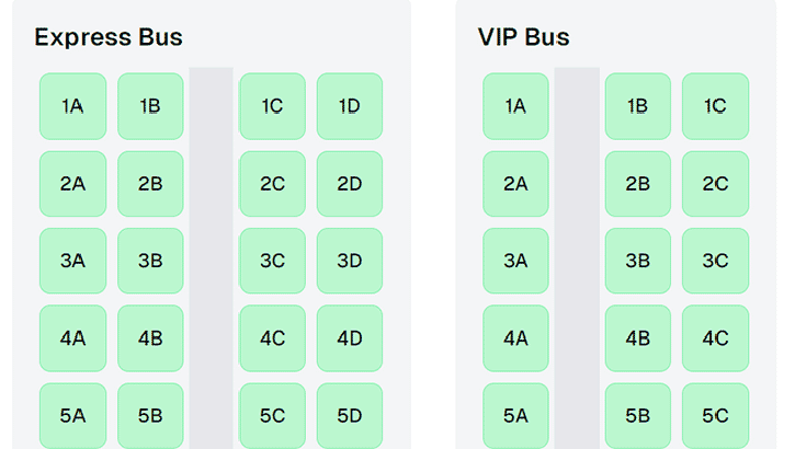 Bus seating layout comparison showing Express Bus with 40 seats (4 per row) and VIP Bus with 33 seats (3 per row)