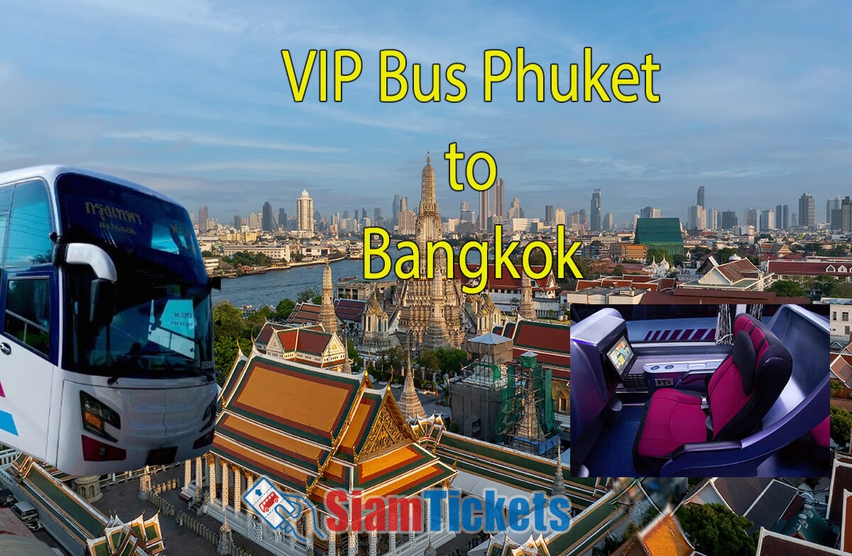 VIP bus service from Phuket to Bangkok with Wat Arun temple and modern city skyline as seen from across the Chao Phraya River, Thailand