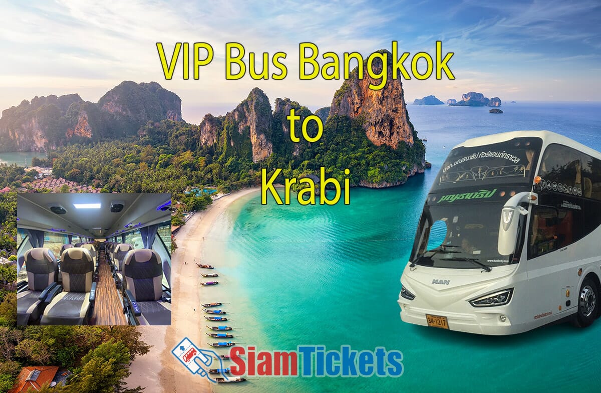 VIP Bus from Bangkok to Krabi featuring luxury bus interior, Railay Beach limestone cliffs, and modern coach against tropical seascape