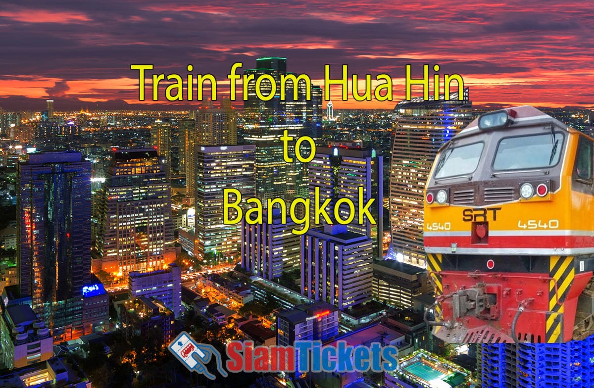 Train service from Hua Hin to Bangkok featuring SRT train and Bangkok skyline at sunset