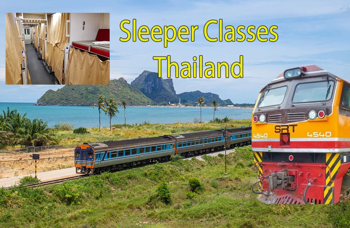 Composite image of Thai train sleeper classes showing second class AC sleeper interior with privacy curtains in the inset, and a colorful SRT train traveling through coastal Thailand with mountains and palm trees in the background. Title reads 'Sleeper Classes Thailand' in bright yellow.