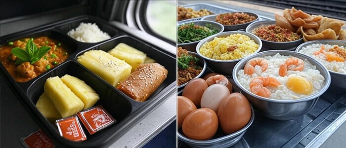 Compartmentalized Thai train food including curry, rice, fruit, and assorted local dishes served in a compartment tray