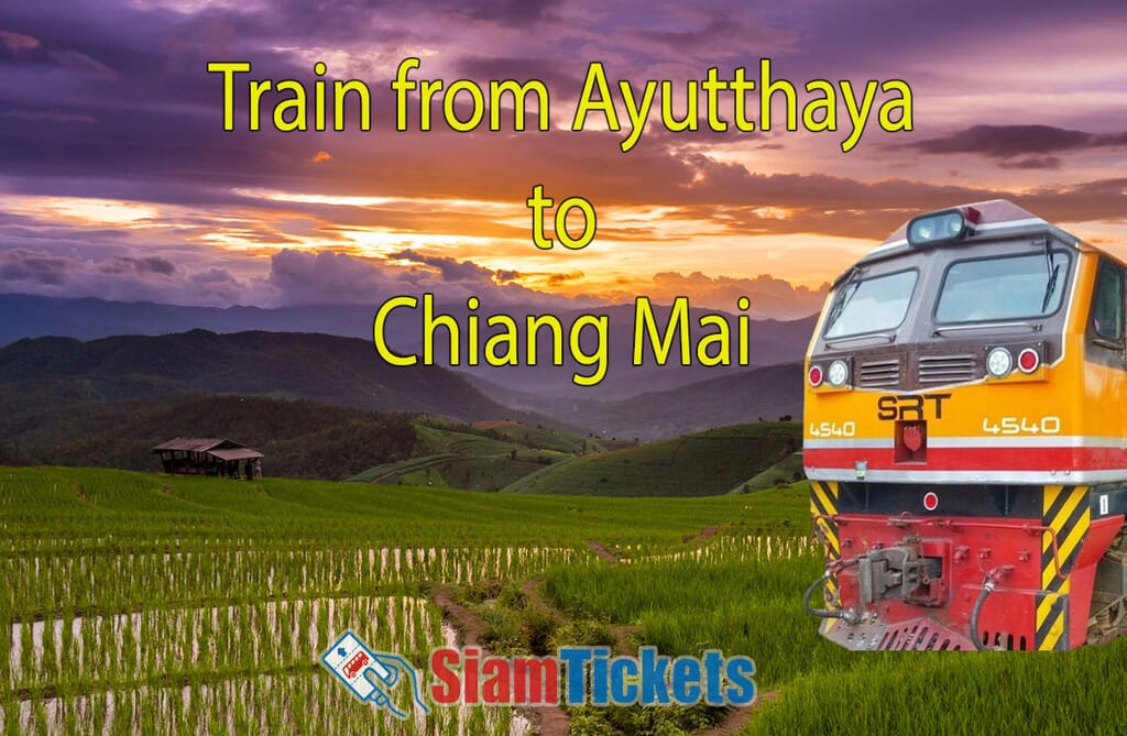 SRT train with Northern Thailand's rice terraces at sunset, showcasing the scenic journey from Ayutthaya to Chiang Mai by SiamTickets