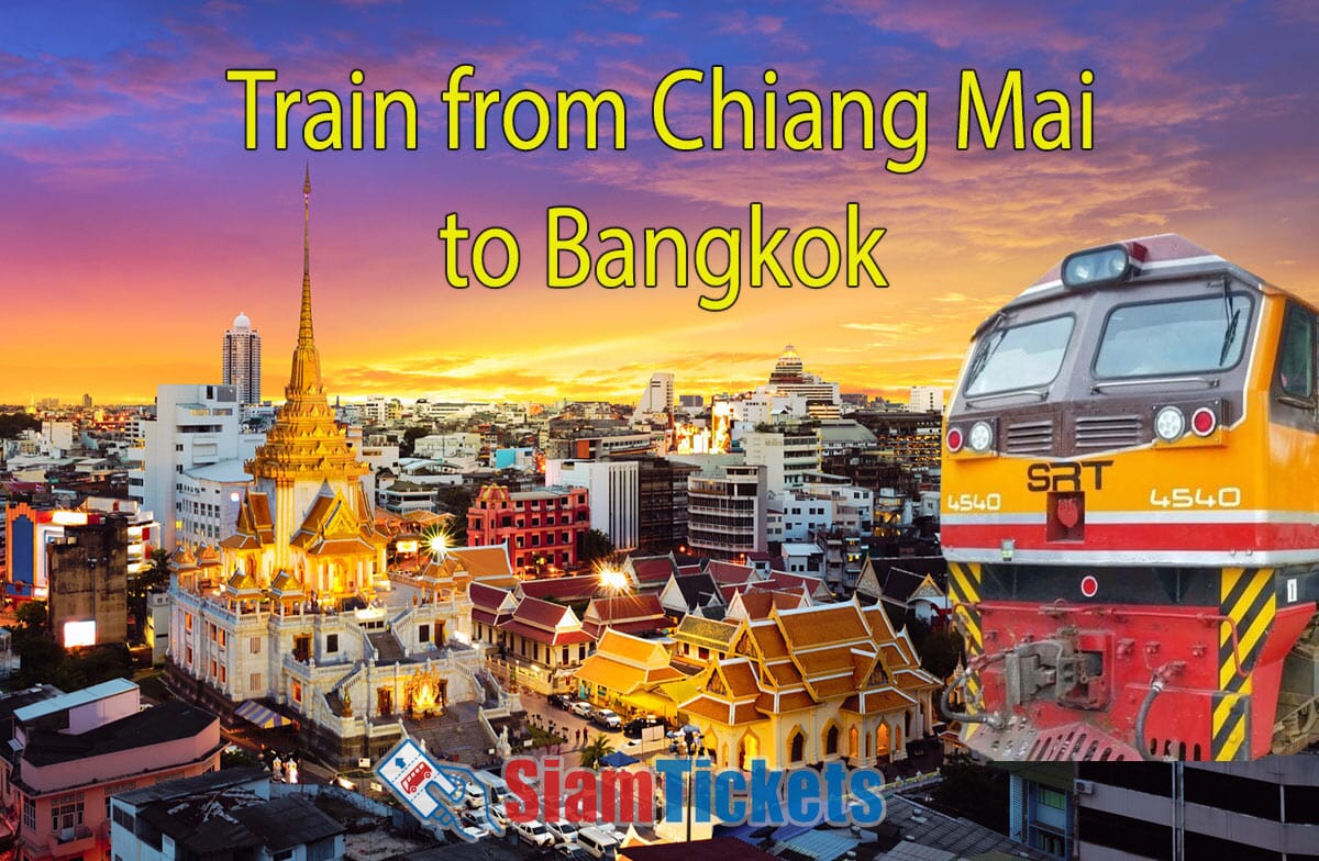 SRT train with Bangkok's golden temple and city skyline at sunset, advertising train service from Chiang Mai to Bangkok by SiamTickets