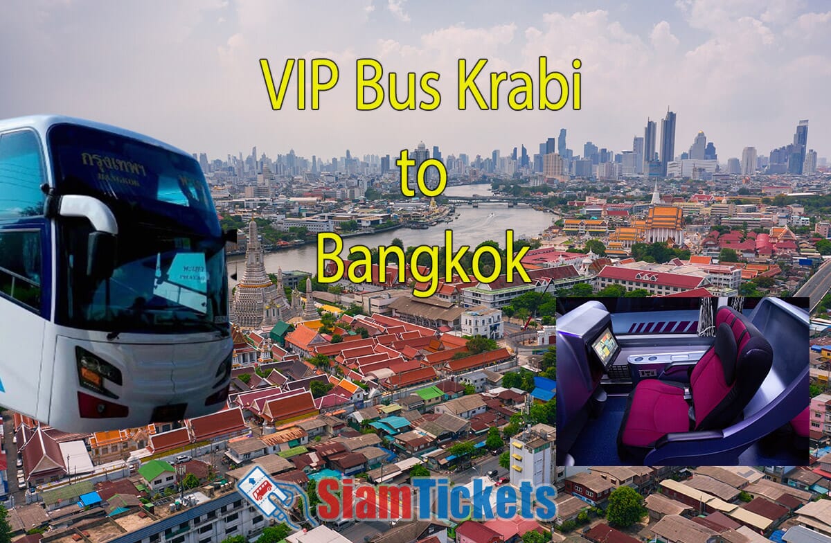 VIP Bus service advertisement from Krabi to Bangkok, showing a luxury bus, Bangkok cityscape, and VIP seat