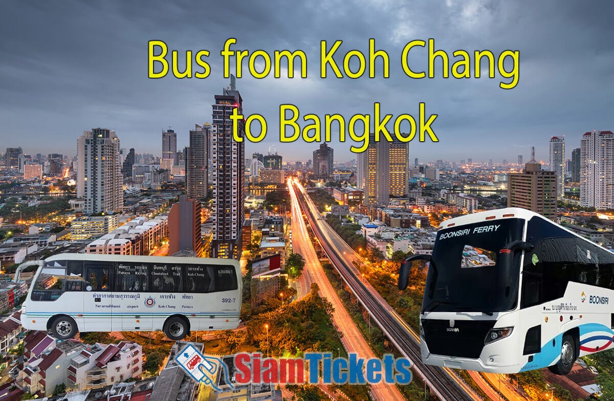 Bus and ferry transportation from Koh Chang to Bangkok with city skyline