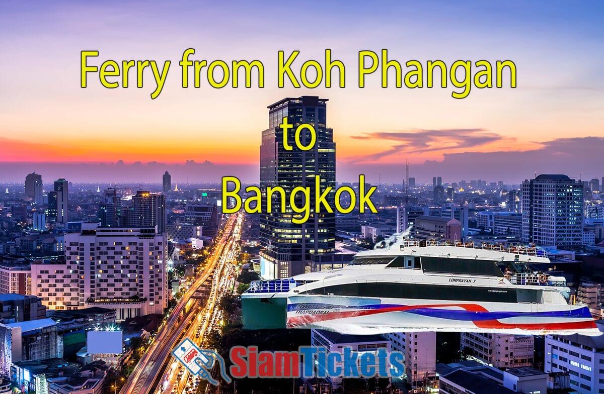 Ferry from Koh Phangan to Bangkok - aerial view of Bangkok skyline at sunset with a Lomprayah high-speed catamaran superimposed over the cityscape