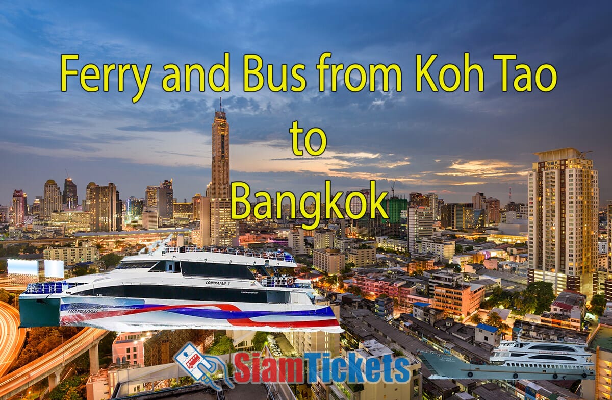 Lomprayah ferry boat traveling from Koh Tao to Bangkok with city skyline at sunset