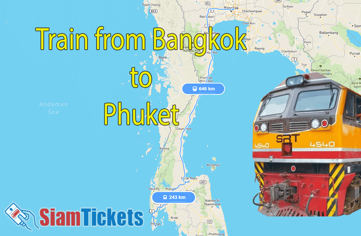 Train from Bangkok to Phuket route map with Thai train