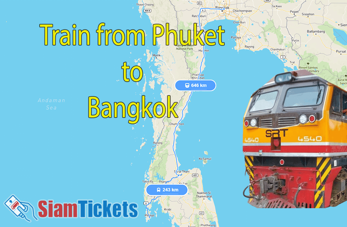 Train from Phuket to Bangkok route map showing 243 km by bus and 646 km by train with State Railway of Thailand locomotive