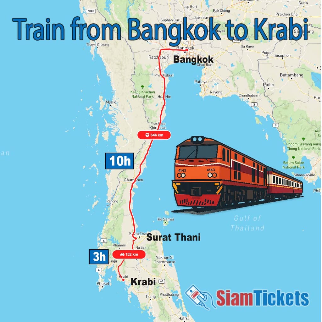 Map showing the train route from Bangkok to Krabi, Thailand - 646 km railway journey with 3-hour transit stop in Surat Thani