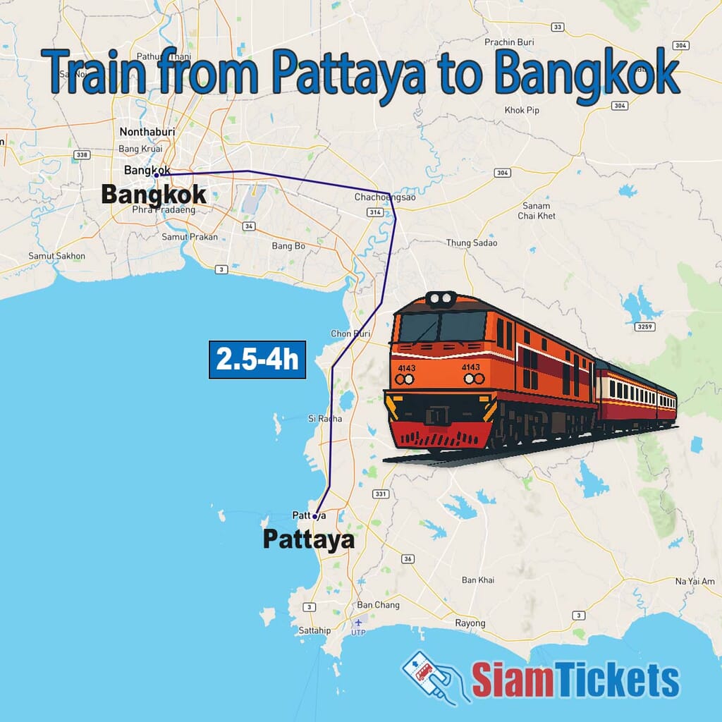 Map showing train route from Pattaya to Bangkok with Thai Railways train and journey time