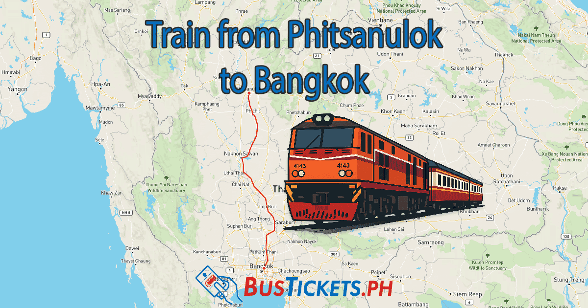 Map of Thailand showing train route Phitsanulok → Bangkok, orange diesel loco, 4–7 h badge, BusTickets.ph logo.