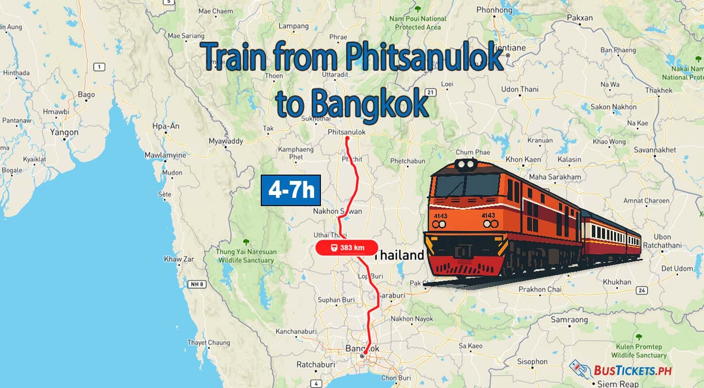 Map of Thailand showing Phitsanulok to Bangkok train route, orange loco, 4–7 h badge