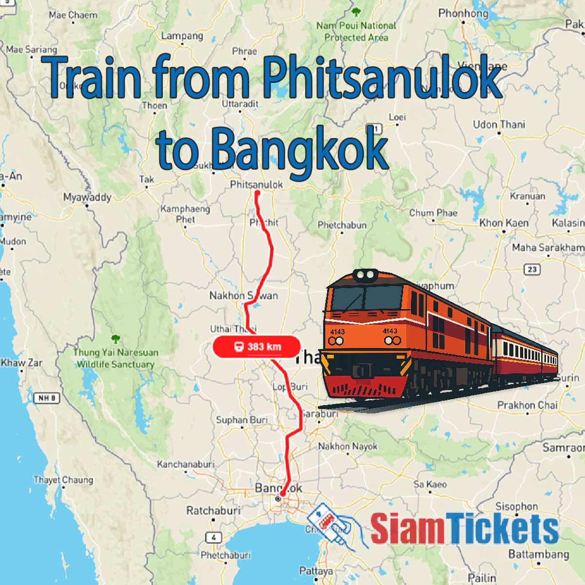 Map showing the train route from Phitsanulok to Bangkok, Thailand - 393 km railway journey with illustration of Thai train