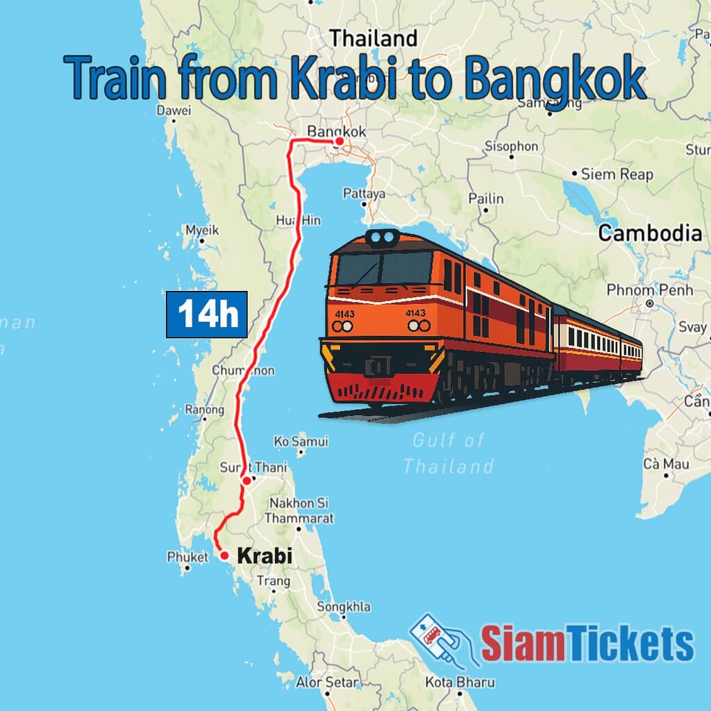 Map showing the train route from Krabi to Bangkok, Thailand - 14-hour railway journey along the southern peninsula and Gulf coast